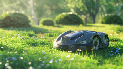 Autonomous robotic lawn mower gliding across a sunlit, daisy-speckled lawn.
