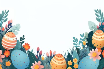 easter frame decorated with colourful easter eggs and flowers, digital illustration, Generative AI - 751290750