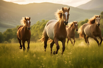 Horses grazing in a lush green pasture. Generative AI - obrazy, fototapety, plakaty