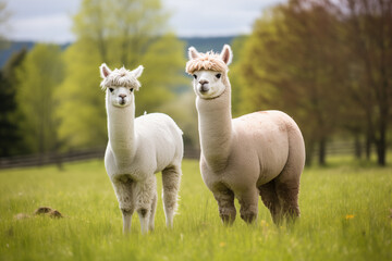 Naklejka premium Pair of alpacas grazing peacefully in a grassy field. Generative AI