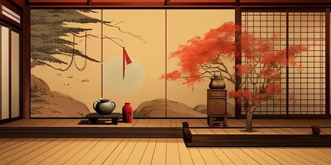 Fotobehang A vintage Japanese room, background. Traditional high class Japanese style room with gold style decorated walls. © Coosh448