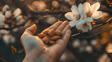 A closeup shot of delicious almonds in hand - obrazy, fototapety, plakaty