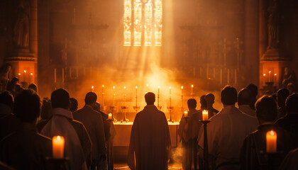 Recreation of people from back in a liturgy catholic in church - obrazy, fototapety, plakaty