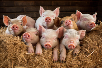Piglets playfully rolling around in a bed of straw. Generative AI
