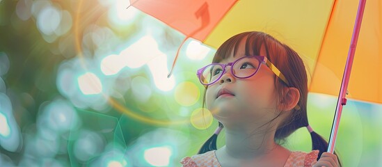 A young Asian girl, wearing glasses, stands holding an umbrella. The umbrella serves as protection against the sun, symbolizing health insurance and family security in sunny weather.