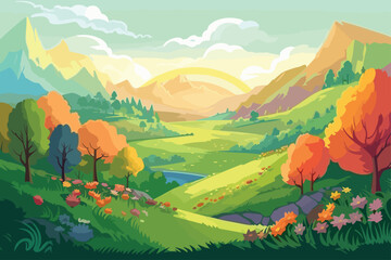Flower field in spring with rainbow in forest cartoon vector illustration. Generative AI