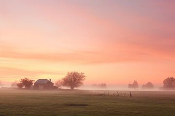 Fototapeta na wymiar Sunrise over a tranquil farmstead. Generative AI