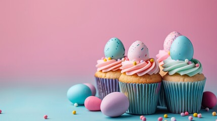 Easter-themed cupcakes decorated with pastel frosting and speckled eggs on a pink background with space for text, perfect for holiday greetings and marketing materials