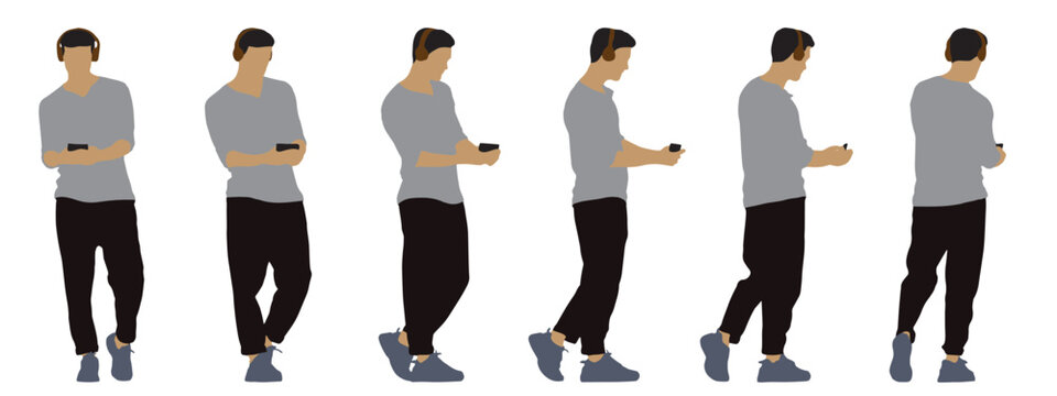 Vector concept conceptual silhouette of a man with headphones listening to music from different perspectives isolated on white background. A metaphor for leisure,  relaxation and lifestyle