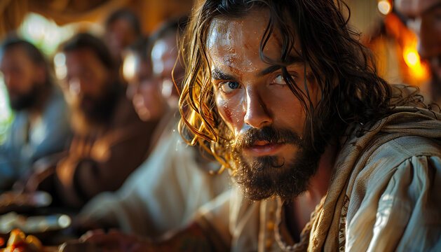 Recreation of a suspicious and nervous Judas apostle in the Last Supper	