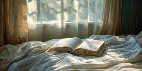 A beautiful book on a bed with a white linen lamp nearby. Generative Ai