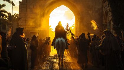 Recreation of Jesus riding a white donkey entering to Jerusalem - obrazy, fototapety, plakaty