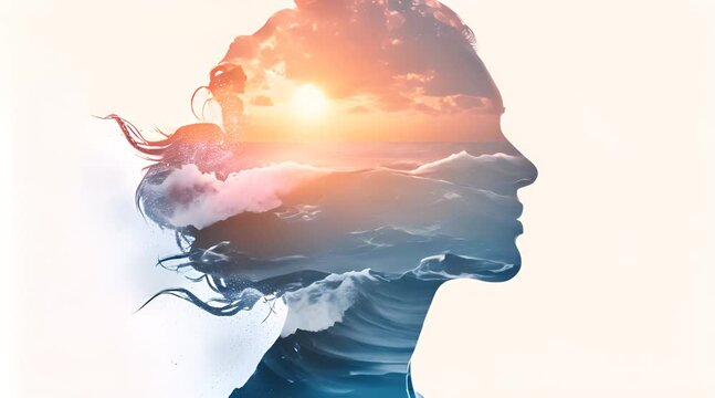 A captivating double exposure portrait that melds a woman’s profile with the serene beauty of a sun-kissed ocean, symbolizing a harmonious bond with nature