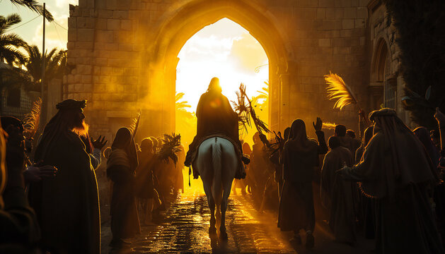 Recreation of Jesus riding a white donkey entering to Jerusalem