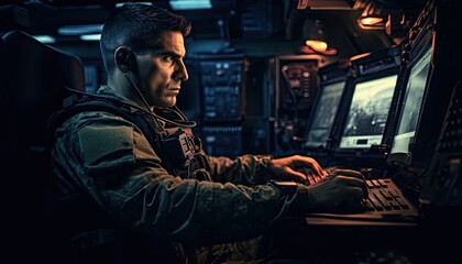 A man in military attire is sitting in front of a laptop computer inside a cyber warfare operations vehicle. He is focused on the screen, possibly analyzing data or communicating with others