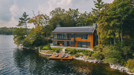 Fototapeta na wymiar A serene lakeside setting showcasing a modern smart home with solar panels, reflecting tranquility and eco-conscious living.