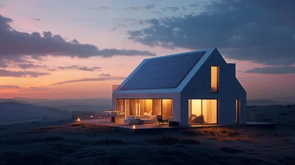 Foto op Canvas A sleek, minimalist smart home glowing softly against the twilight sky, its solar panels glistening with stored energy. © Sumia