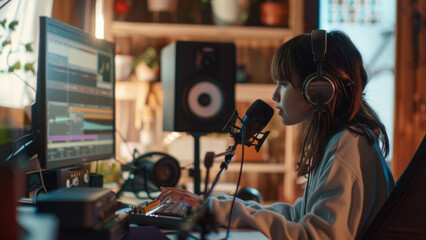 Young female audio producer engrossed in music production in a home studio.