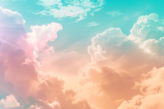 Dreamy pastel-colored sky with fluffy clouds, ideal for background use with ample copy space for inspirational quotes or advertising text