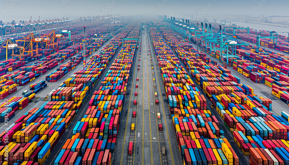 Sticker Aerial view of a vast container port filled with colorful shipping containers