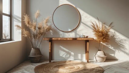 Minimalist entryway with a sleek console table, mirror, and minimalist decor items