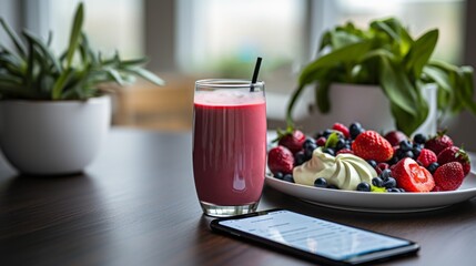 Closeup of a smartphone and a healthy fruit smoothie on the table