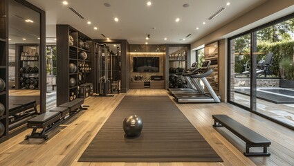 Contemporary home gym with state-of-the-art equipment, mirrors, and motivational artwork