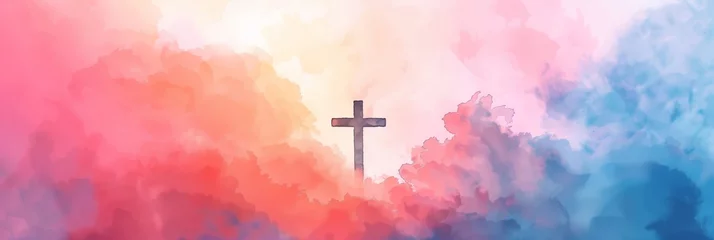 Fotobehang Abstract watercolor background in warm tones with a Christian cross silhouette on the right, space for text, suitable for Easter or spiritual themes © AI Petr Images
