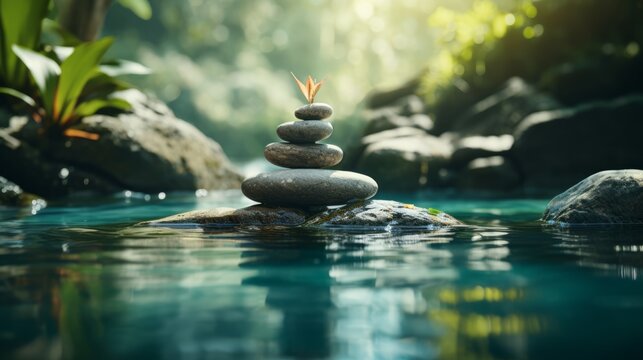 Zen stones on water, green tropical jungle backdrop