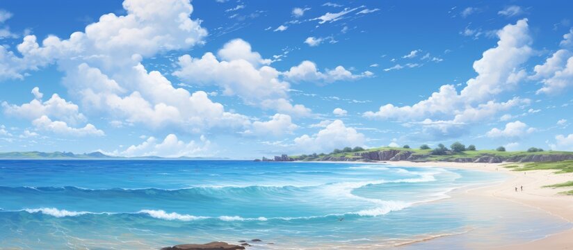 The painting depicts a beach scene with crystal blue water and fluffy white clouds in the sky. The ocean seamlessly merges with the sandy beach, creating a serene coastal landscape.