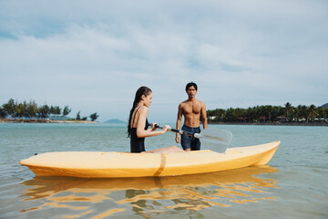 Sunset Adventure: Kayaking Couple Embracing the Serenity of the Tropical Ocean