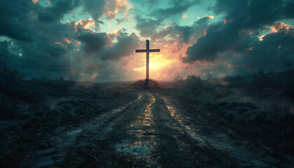 Recreation of a big cross in a wet road at sunset	