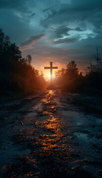 Recreation of a big cross in a wet road at sunset	
