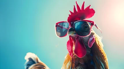 Foto auf Acrylglas  Creative animal composition. Chicken wearing shades sun glass eyeglass isolated. Pastel gradient background © Kainat