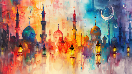 Abstract oil painting hand painting of mosque, Ramadan Kareem