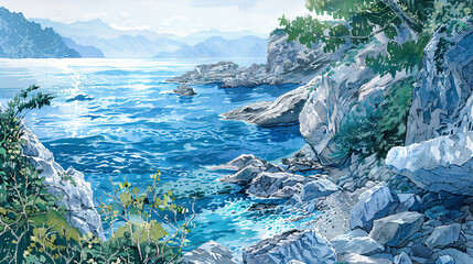 A scenic view of a rocky shoreline in a tranquil blue - obrazy, fototapety, plakaty