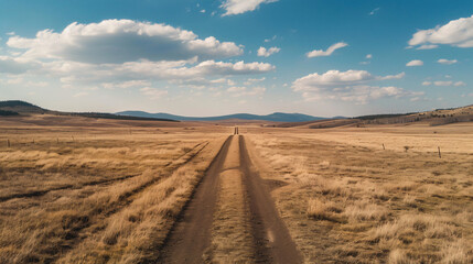 Fototapeta na wymiar A road running through grassyland under a blue sky