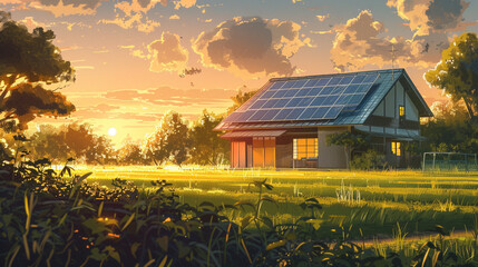 A tranquil countryside scene featuring a modern residence adorned with solar panels, basking in the soft hues of sunset, embodying a harmonious blend of technology and nature.