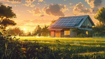 Foto op Plexiglas A tranquil countryside scene featuring a modern residence adorned with solar panels, basking in the soft hues of sunset, embodying a harmonious blend of technology and nature. © Sumia