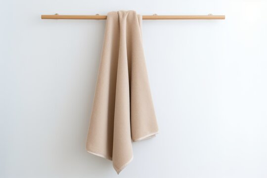 Terry white towel template on a wooden hanger, hanging towelling for design, branding, presentation. Home decor for wiping after a shower. Towelette mockup isolated on background. Product photography.