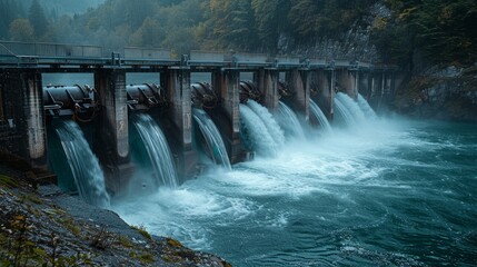 Innovative hydroelectric power facility in a natural landscape, illustrating the integration of technology and nature in sustainable energy