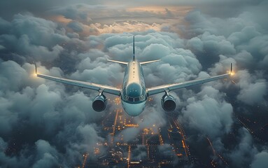 An airplanes in the sky taking off from land above clouds - obrazy, fototapety, plakaty