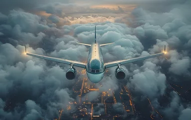 Foto op Canvas An airplanes in the sky taking off from land above clouds © Rashid
