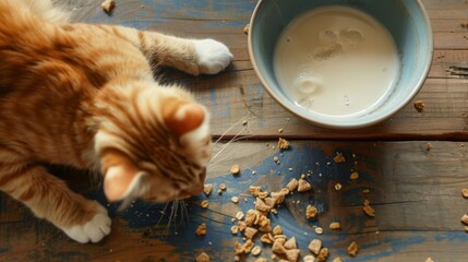 curious cat dips its paw into a bowl of milk while eyeing a bowl of cereal on the table