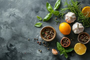 Culinary ingredients with fresh herbs, citrus, garlic, and peppercorns on a dark stone background. Cooking essentials concept with copy space. Design for food - obrazy, fototapety, plakaty