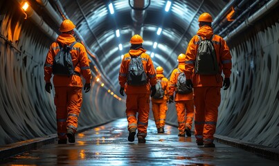Workers in hard hats walk through a round tunnel. - obrazy, fototapety, plakaty