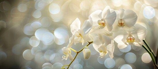 A detailed view of a white orchid flower against a soft, blurry background, highlighting its...