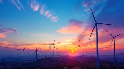Obraz premium Innovative wind turbines against a sunset sky, highlighting renewable energy and sustainability