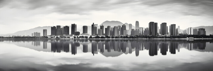 Urban Allure: An Artistic Black and White Representation of a City's Architectural Marvels Amidst a Soft Sky