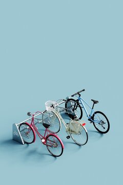 Various bicycles on a rack. 3d illustration.